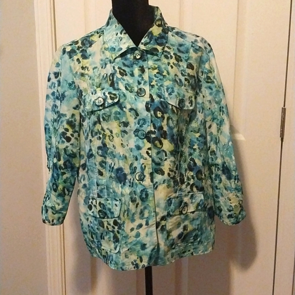 CHICO'S Jacket Women's Size 2  Blue White Floral Rouched 3/4 Sleeves Top